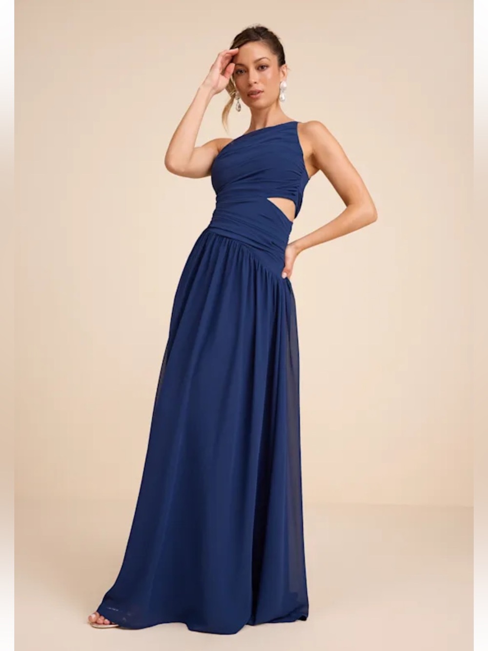 NWT Lulus Marcela Navy Blue Ruched One-Shoulder Maxi Dress